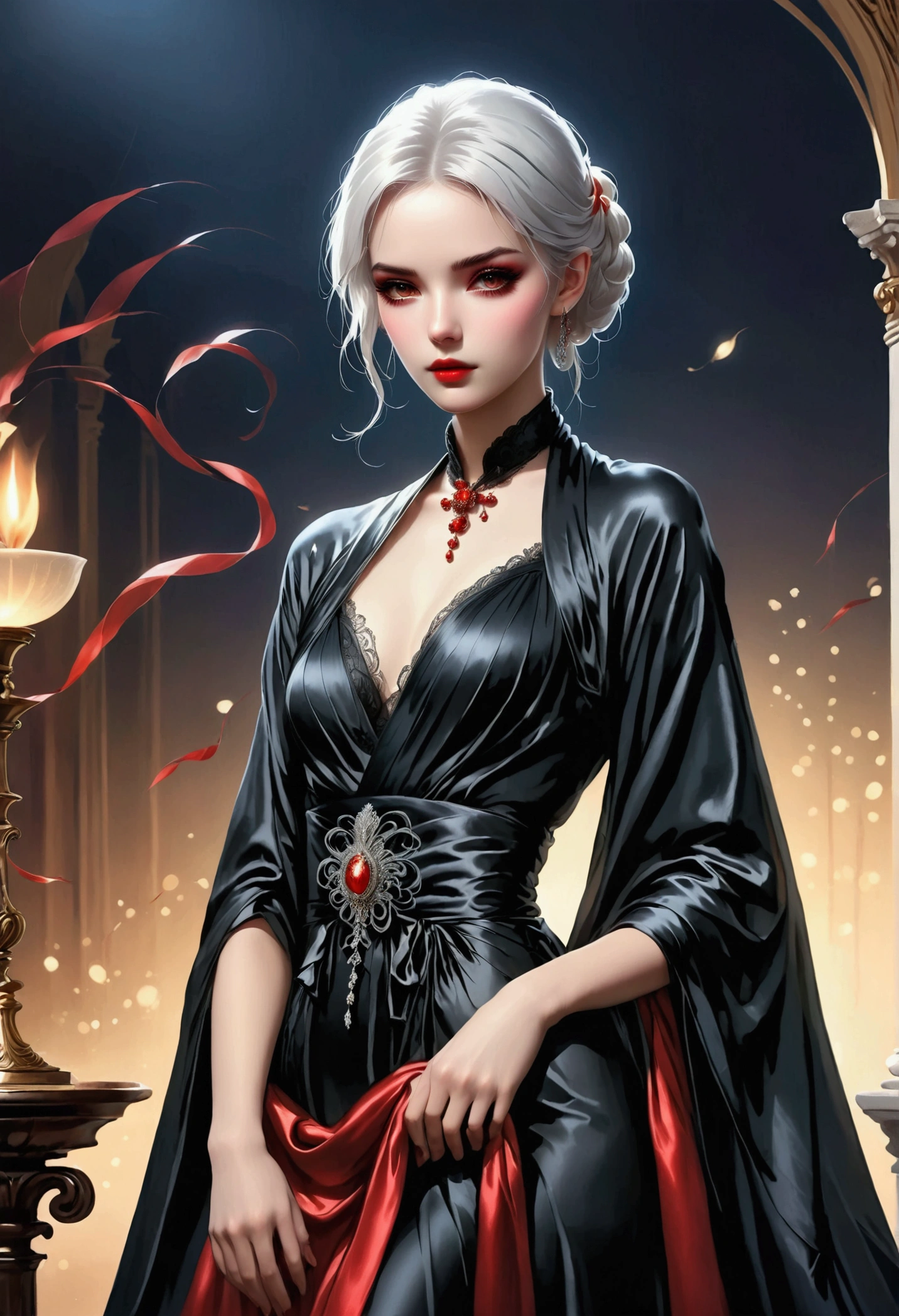 best quality, incredibly absurdres, extremely detailed, 2.5D, delicate and dynamic, beautiful woman, white hair tied up, gorgeous and glamorous black evening dress, red lines, shiny satin fabric, lace, embroidery, robes, shawls, accessories, captivating look, superlative body proportion, gorgeous and gorgeous effects, background aristocratic social setting