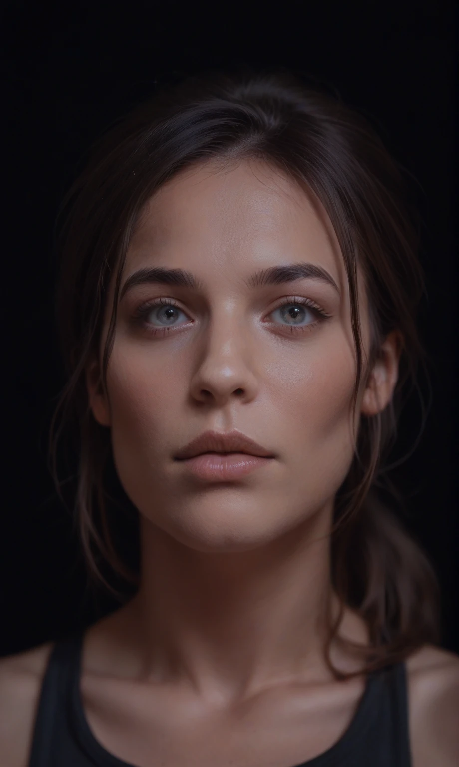 score_9, score_8_up, score_7_up, score_6_up, score_5_up, score_4_up, realistic style, photo, photorealistic, high detail, (sharp), Lara Croft portrait, (dark, dark background), soft spot light, (high detail face, detailed skin texture, detailed eyes)