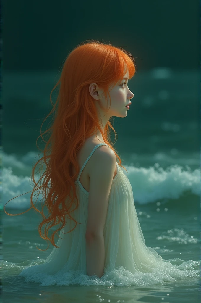 (masterpiece, best quality), ((A girl, Solitary, Long hair)), Ishmael_edge, innocent expression, bare arm, Show your shoulders, Bare neck, watercolor, Sundress, liquid clothing, water, Waves, water dress, green_theme, night, haze, dark, Clear focus, ocean, Transparent dress, Orange Hair