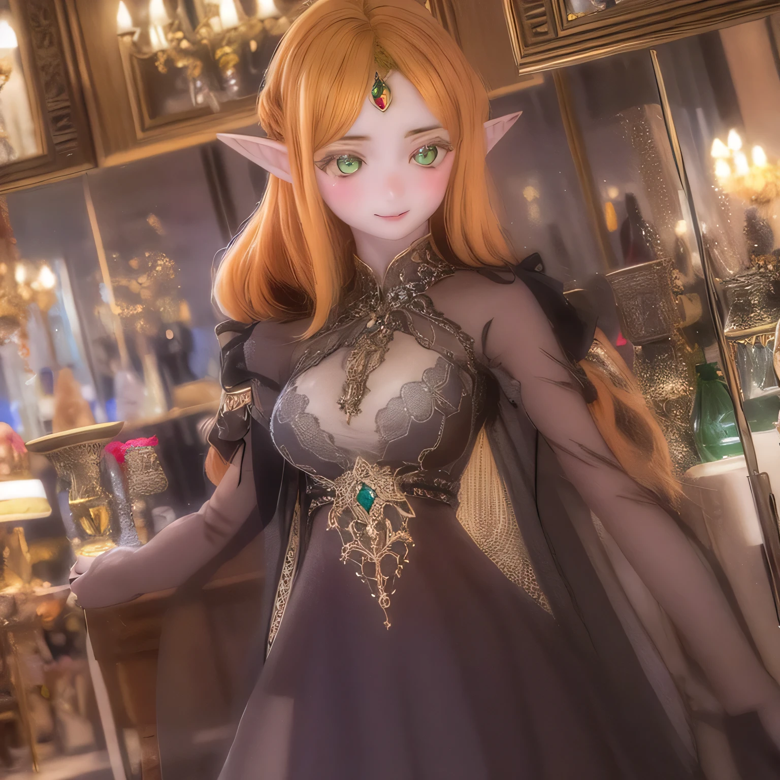 (Realistic:1.2),Beautifully detailed elves,long flowing hair,Uncle Sui from another world,At the bar,Very beautiful eyes,Pointy Ears,Flowing Cape,Dreamy Background,Ethereal atmosphere,Soft lighting,Subtle reflection,Expressive Face,Elven Jewelry,Enchanting forest scenery,Captivating color palette,Vibrant atmosphere,Mysterious Aura,Magical Essence,Elven inscriptions,Hidden Symbols,Whimsical elements,Sparkling particles,Fiery sparks,Dancing Shadows,Graceful posture,Attractive gaze,Captivating smile,Sublime Beauty,Extraordinary charisma,Otherworldly Beings(((((((Gorgeous see-through dresses)))))))Only Blonde