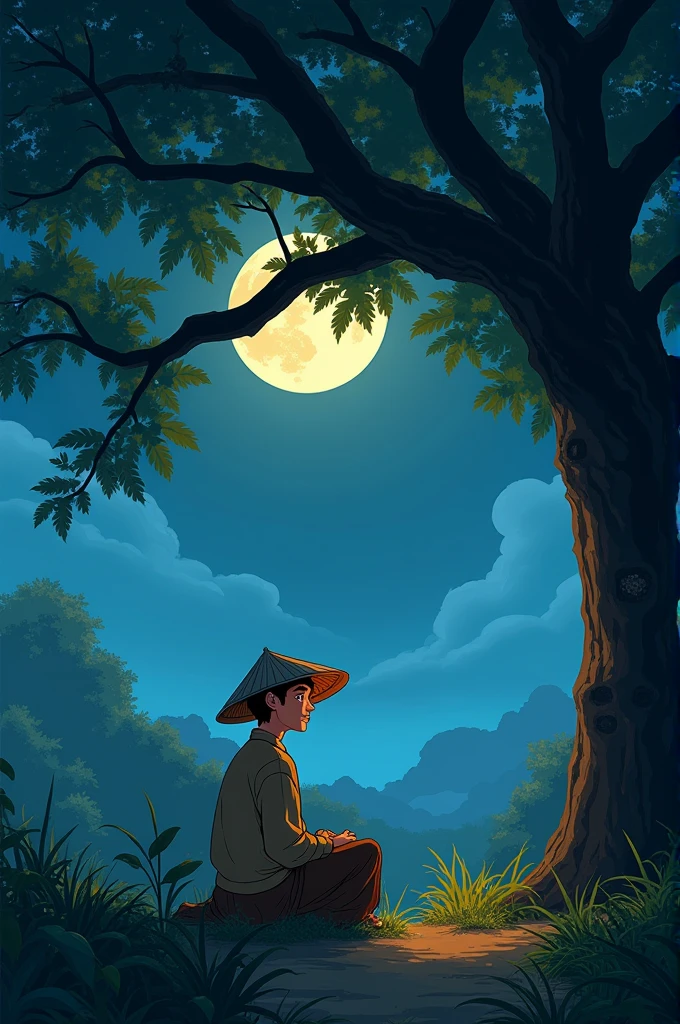 A serene night scene of Thang Cuoi, a Vietnamese farmer, sitting under an ancient banyan tree. He is wearing a traditional conical hat and a simple brown tunic. A gentle breeze rustles through the leaves, and a full moon casts its soft glow over the peaceful village. Detailed, digital painting, Studio Ghibli style, Vietnamese folklore