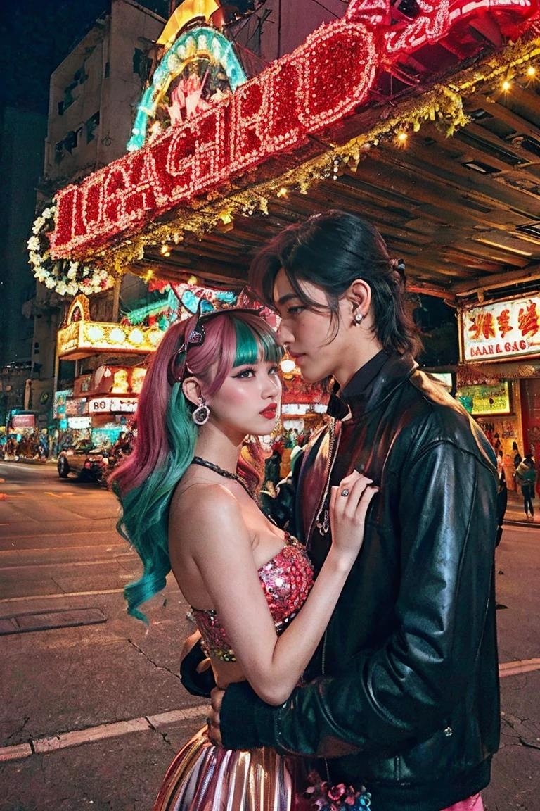 hong kong, night, (moon in the sky, gaint moon:1.5,one girl lean against the building, man holding a girl hands and look each other deeply in heart and whisper, romantic), (Awkward,blush :1.3), y 2 k cutecore crowncore, Lovely Decora Rainbow Core, Lovely high quality rendering, Candy Girl, Deco, Unreal Engine : : Carnival Makeup, Working Girl, raver girl, Glitch Punk Girl, soda themed girl, Lively and cheerful, 80s pin-up style, 