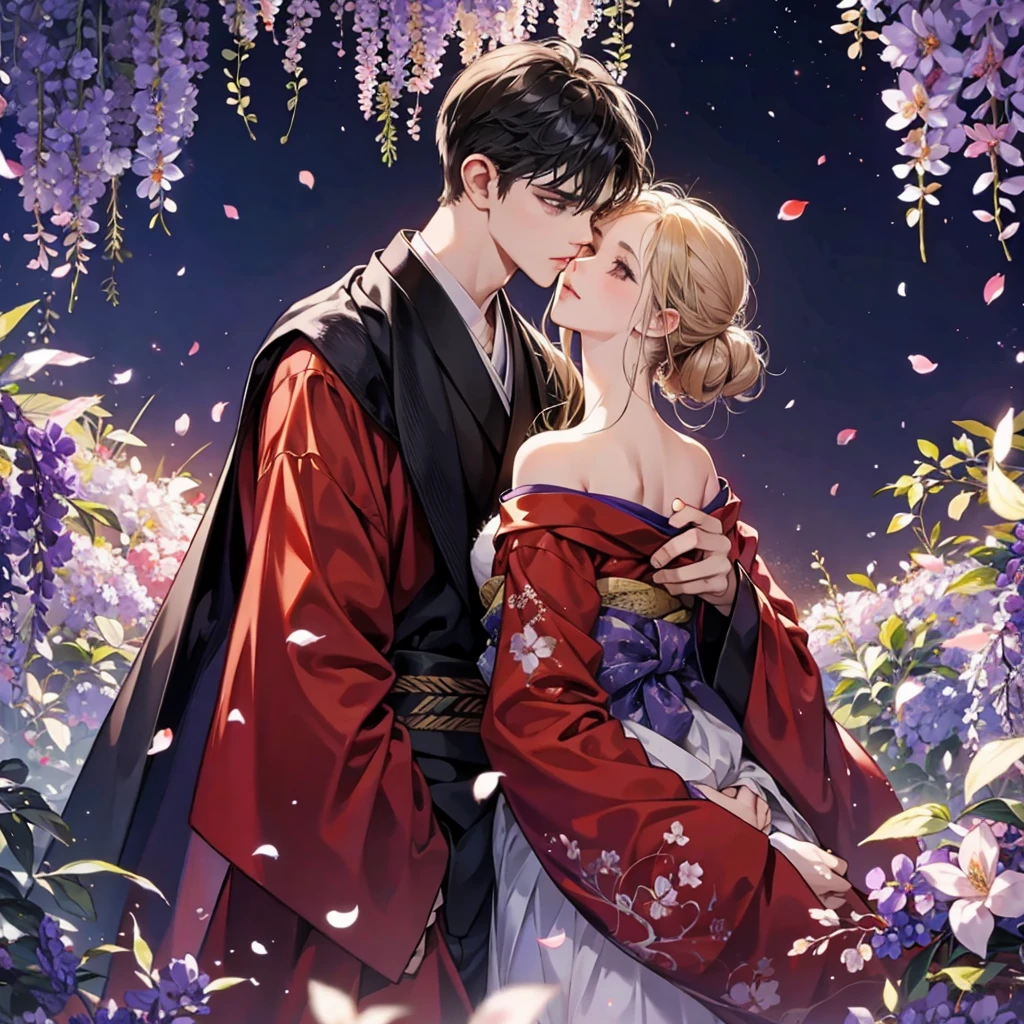 a man is kissing a woman in the wisteria forest, dark night, , (Beautifully Aesthetic:1.2),wisteria, peace, tranquility, serenity, petals, red kimono