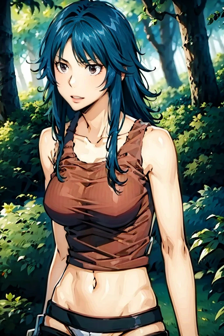 red eyes, blue hair, long hair, messy hair, (((red tank top))), navel, bare shoulder, hair between eyes, straight hair,