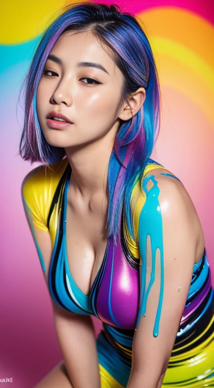 ((Highest quality, 8k, masterpiece:1.3, 1 girl, beautiful girl)), High resolution, cute, dynamism, Detailed face, Detailed skin, Detailed eyes, Detailed lips, Realistic, RAW Photos, Natural light, Perfect Anatomy, Dynamic pose, Toned Legs, double eyelid, Tear bags, Round eyes, Moisturized lips, (Colorful body, Colorful liquid on the body:1.2), Colorful Hair, Rainbow Hair, Colorful background, Japanese Girls, View your audience, Expose your shoulders, Cowboy Shot, Masturbation, Sweaty, Long Hair, smile, Half closed eyes, Liquid Art, Cum on my chest, Underarm
