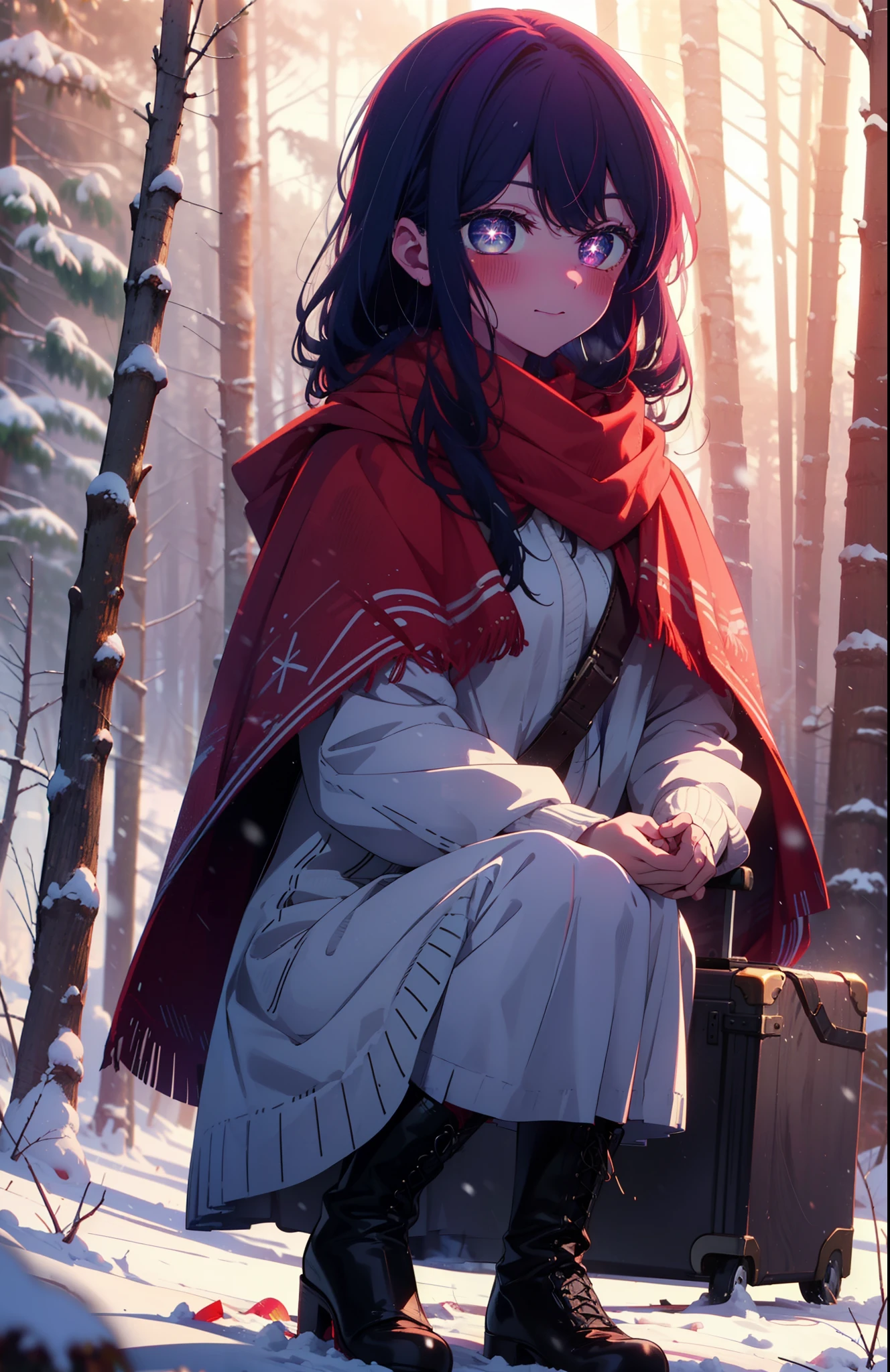 aihoshino, Ai Hoshino, Long Hair, bangs, (Purple eyes:1.1), Purple Hair, (Symbol-shaped pupil:1.5), smile,,smile,blush,white breath,
Open your mouth,snow,Ground bonfire, Outdoor, boots, snowing, From the side, wood, suitcase, Cape, Blurred, , forest, White handbag, nature,  Squat, Mouth closed, Cape, winter, Written boundary depth, Black shoes, red Cape break looking at viewer, Upper Body, whole body, break Outdoor, forest, nature, break (masterpiece:1.2), Highest quality, High resolution, unity 8k wallpaper, (shape:0.8), (Beautiful and beautiful eyes:1.6), Highly detailed face, Perfect lighting, Highly detailed CG, (Perfect hands, Perfect Anatomy),