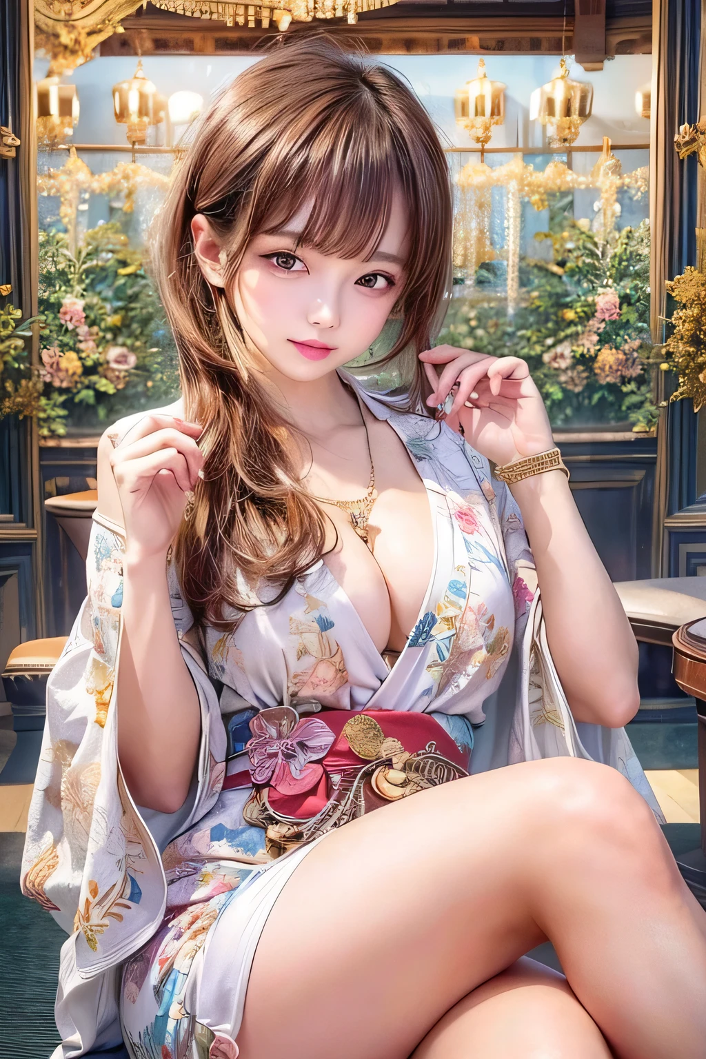 masterpiece, 1 girl, Fine grain, highest quality, Ultra High resolution, (reality: 1.4), Cinema Lighting, Beautiful Skin, (Ultra-realistic), (High resolution), (8k), (Very detailed), ( Best illustrations), Pouting slightly, (Crystal colorful lights), Extremely refined and beautiful, beautiful detailed eyes, Round eyes, detailed facial features, (Round pupils:1.4), (alluring face), Glistening Lips, smile, (small breasts:1.3), Open lips, (Beautiful and detailed face, Beautiful and delicate eyes), brown hair, short hair, sexy pose, bewitching pose, (arched back:1.3), ((((Exposed thighs, Beautiful thighs, Showing off thighs)))), ((Beautiful feet)), (Showcasing cleavage), (cleavage:1.3), wearing a kimono,