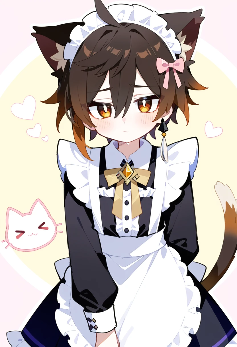 masterpiece, best quality, extremely detailed, 2020s anime, 1boy, 1male, mature male, male focus, solo, Zhongli, Genshin_impact, beautiful and detailed face, shy, looking at you, maid outfit, long sleeves, long skirt, curtesy:1.3, cat_ear hairband, cute background