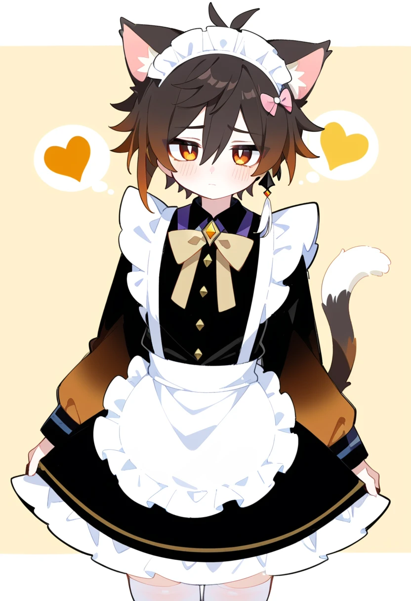 masterpiece, best quality, extremely detailed, 2020s anime, 1boy, 1male, mature male, male focus, solo, Zhongli, Genshin_impact, beautiful and detailed face, shy, looking at you, maid outfit, long sleeves, long skirt, curtesy:1.3, cat_ear hairband, cute background