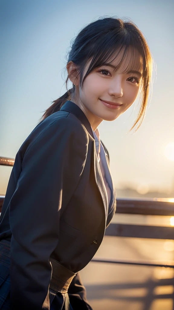 (highest quality,masterpiece:1.3,ultra high resolution),(Super detailed,caustics,8k),(photorealistic:1.4,RAW shooting),1 girl,(smile and look down at the camera),(front shot:1.1),(face forward),18-year-old,cute,Japanese,black short ponytail,school uniform,glamorous,(big boobs),( close up),(),street,sunshine,Natural light,(Backlight),(A bright light shines ),(Lens flare),professional writing,(cowboy shot),(low position:1.3),(Low - Angle:1.3)