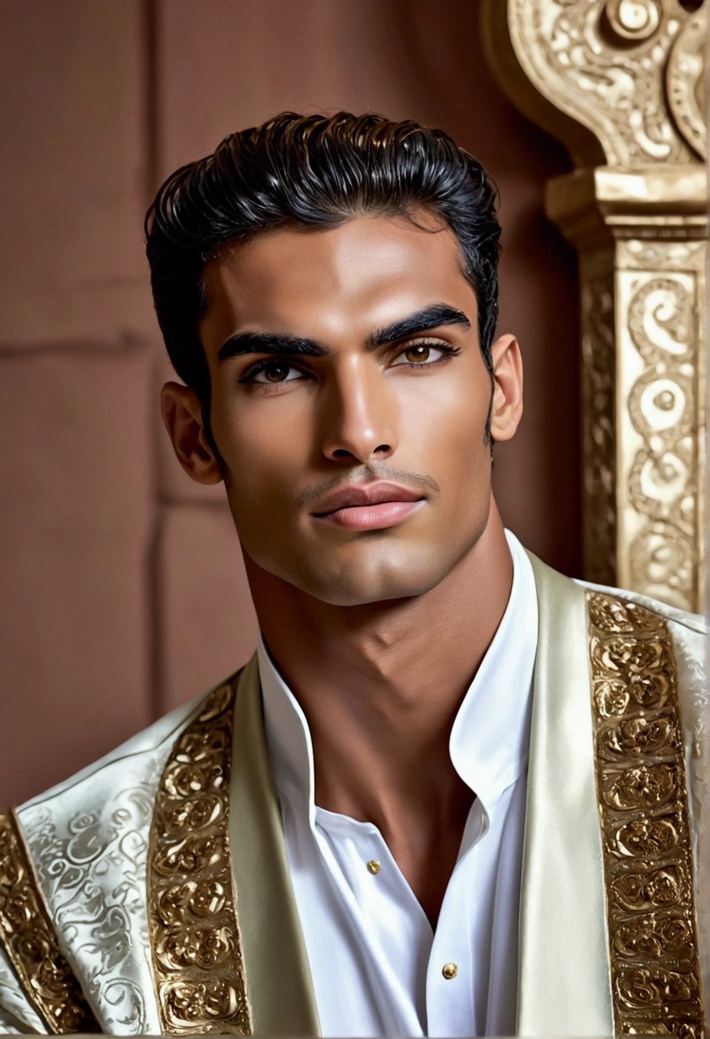 Moroccan male supermodel with exaggerated Arabic features. Tall, muscular physique, sharp angles: aquiline nose, high cheekbones, chiseled jawline, and large almond-shaped eyes. Olive skin and thick hands.Sitting on A rococo bed.
