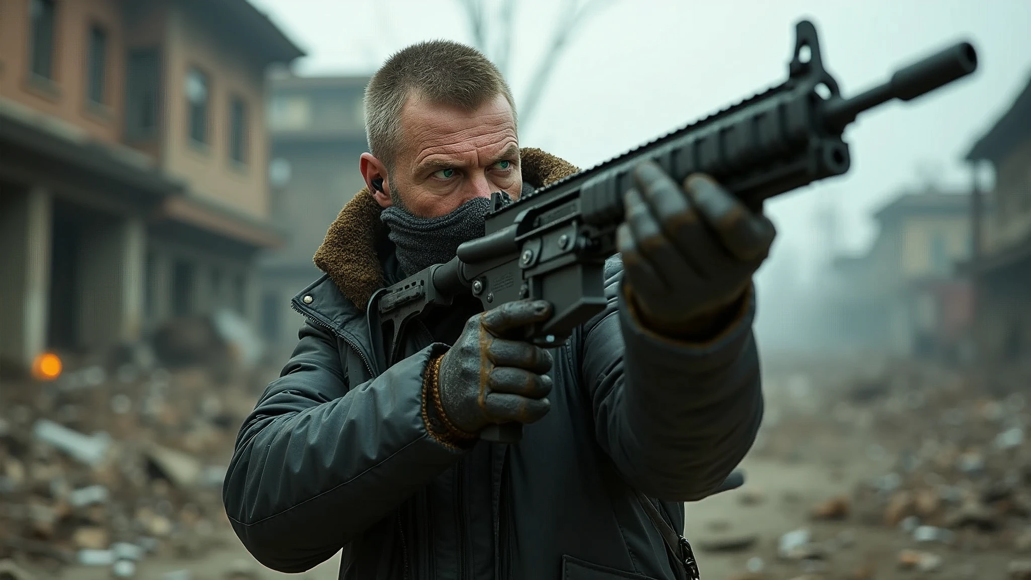1man, russian, 40 years old, Character Design and Doomsday, Details, glowing steelgreen eyes, detailsTextured Skin, Black leather coat, Tactical masks, Holding a gun, aim action,(aim:1.2), Modified firearm, modify heavy firearms, ((destroyed town, apocalypses town,)