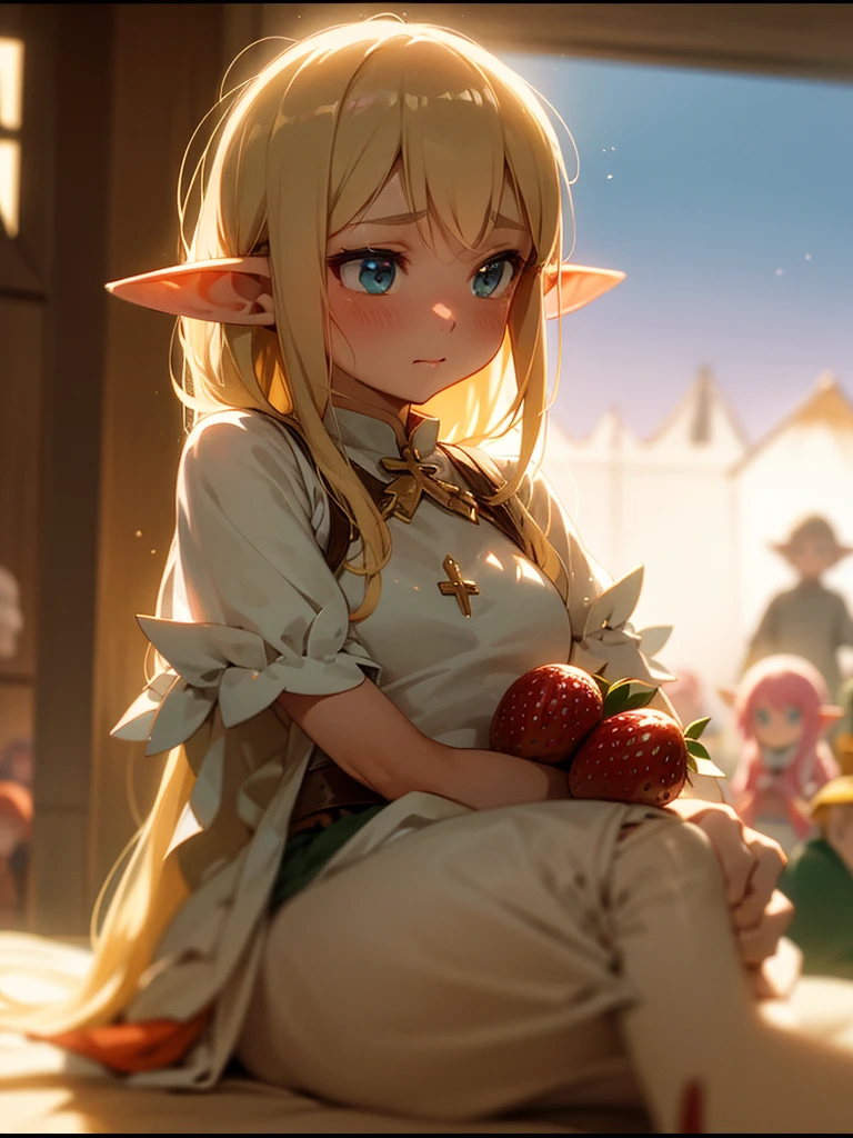 (Sumilux f1.4 50mm , low Latitude old color negative film , cross process , (bokeh), flare, chromatic aberration , soft focus, (Shallow focus) , soft glow , Maximum aperture, high Key , Transparent depiction)  , kawaii anime , looking away , The rumor spread that the pee of elf girls tastes like strawberry, and the number of men visiting the elf village never ends , dynamic Dripping , Fluffy , My heart is pounding , While everyone is watching , (Juicy Melons:0.4)