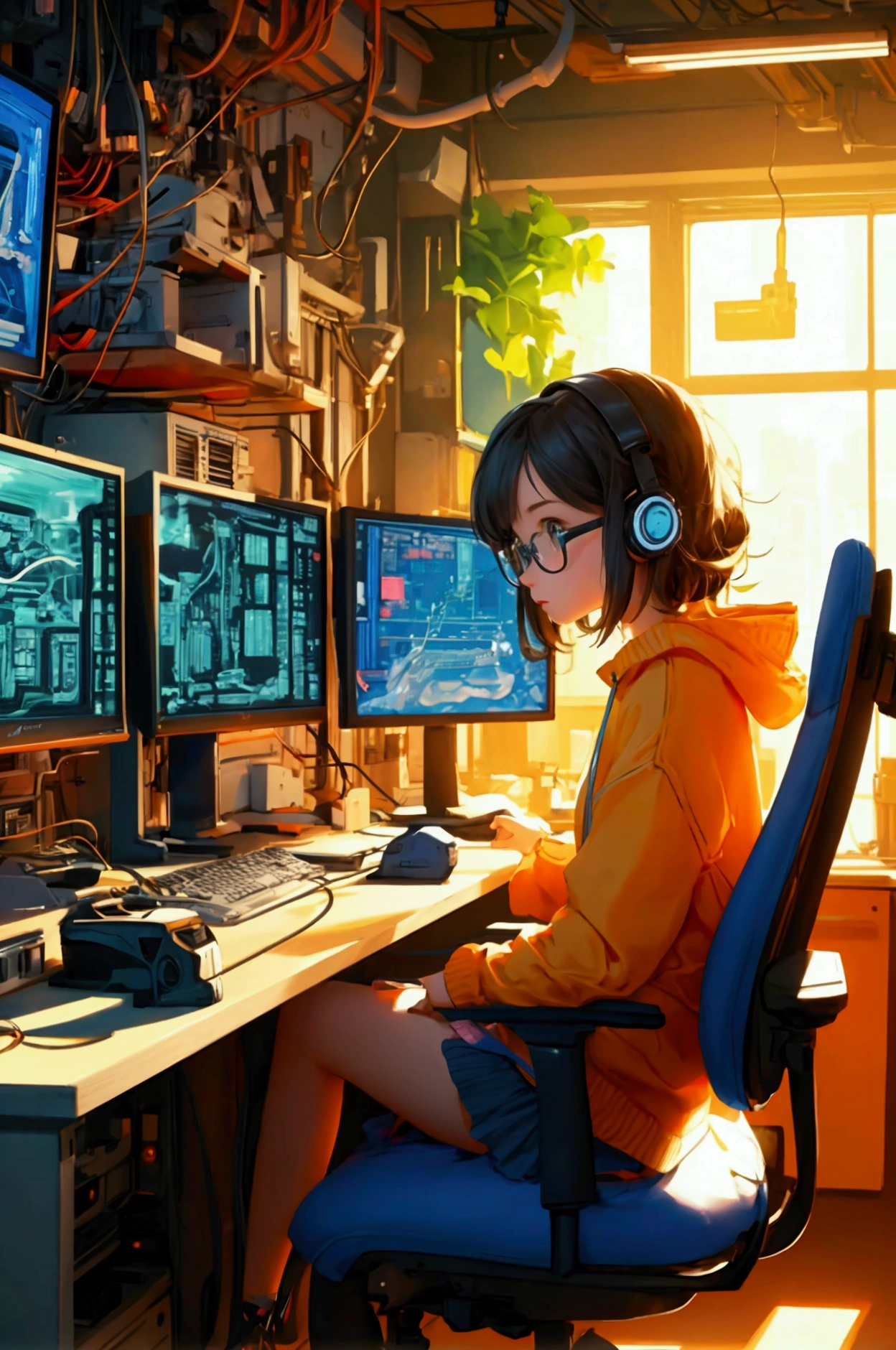 Create a beautifully detailed image featuring a cute girl sitting in a high-tech, cluttered office. The girl should be wearing glasses and surrounded by multiple monitors displaying graphs, wires, and computer hardware. The overall theme and style of the image should be preserved exactly, maintaining the artistic style, rich details, and warm lighting.