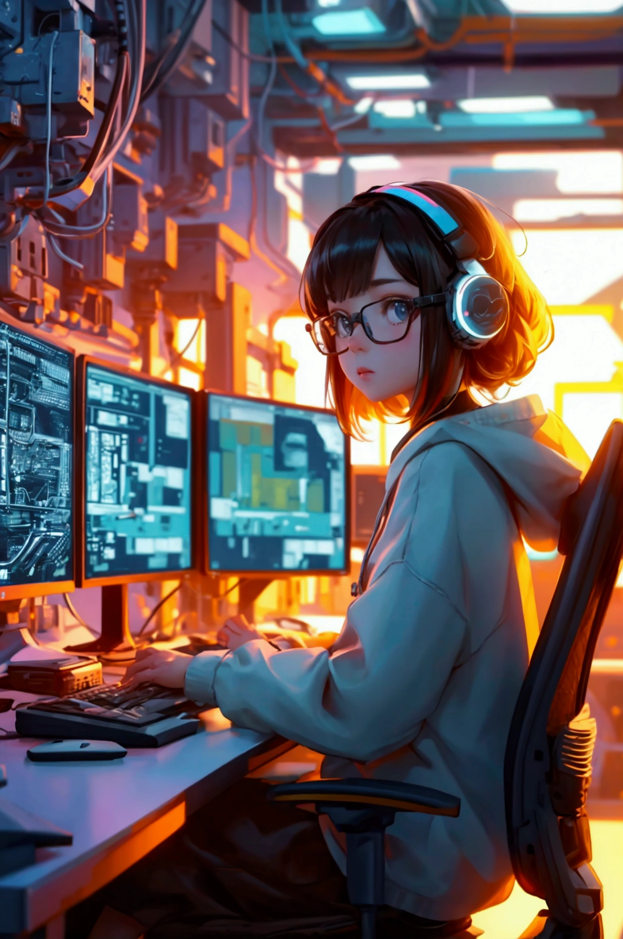 Create a beautifully detailed image featuring a cute girl sitting in a high-tech, cluttered office. The girl should be wearing glasses and surrounded by multiple monitors displaying graphs, wires, and computer hardware. The overall theme and style of the image should be preserved exactly, maintaining the artistic style, rich details, and warm lighting.
