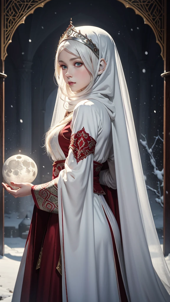 Both back and front side outfit Full body outfit night view full moon fantastical 1girl, a detailed portrait of a cute goth islamic beautiful princess girl, by justin gerard and greg rutkowski and agnes cecile, digital art, realistic painting, dnd, character design, trending on artstation islamic islamic beautiful like moon young female albino skin, snow white skin, white curly hair, slender face, crimson eyes, crimson medieval clothes, innocent face, islamic islamic islamic islamic mythologicalA extremely delicate and beautiful silver-haired girl,Blue pupils,Intricate details, depth of focus,highly detailed, digital painting, artstation, concept art, character art, art by greg rutkowski and tyler jacobson and alphonse mucha veil on head islamic islamic islamic young female albino skin, snow white skin, white curly hair, slender face, crimson eyes, crimson medieval clothes, innocent face, islamic islamic islamic islamic mythological