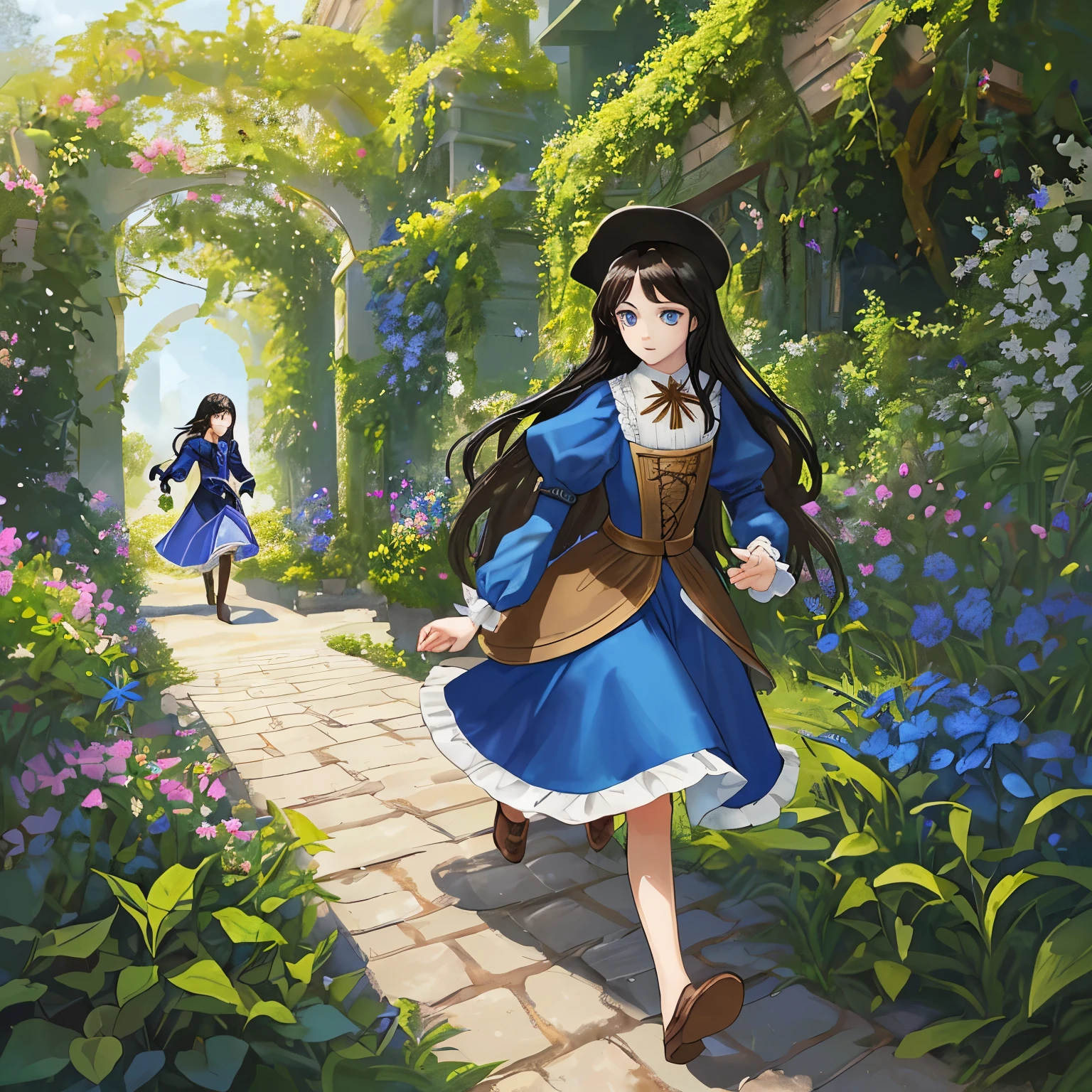 In the garden there is a tall Girl with brown long hair and blue eyes dressed in a Blue dress of the 17th century, a boy of with black hair and black hair dressed in expensive clothes is running ahead.