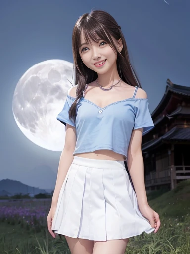 Japanese female, (underweight), (flat chest best quality:1.5), (cheerful grin:1.5),
grassland, happy, (Throw kiss:1.2), semi long, (blue drop shoulder tee), (white skirt), with a full moon, ((dreamy atmosphere)), cowboy shot, ground-level shot, ((moonlight))