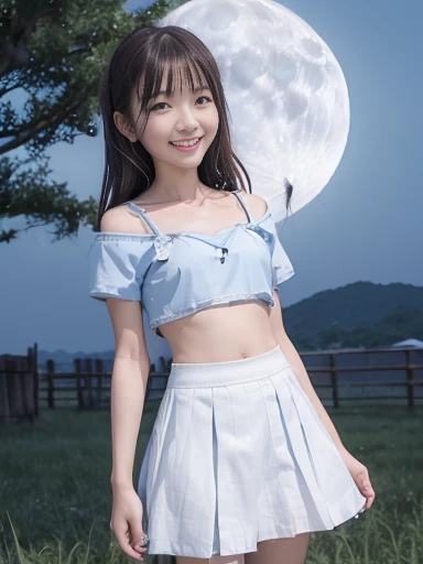 Japanese female, (underweight), (flat chest best quality:1.5), (cheerful grin:1.5),
grassland, happy, (Throw kiss:1.2), semi long, (blue drop shoulder tee), (white skirt), with a full moon, ((dreamy atmosphere)), cowboy shot, ground-level shot, ((moonlight))