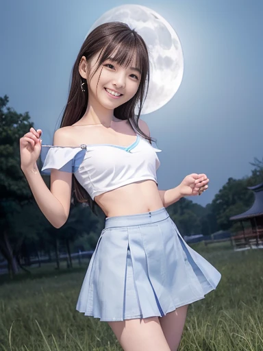 Japanese female, (underweight), (flat chest best quality:1.5), (cheerful grin:1.5),
grassland, happy, (Throw kiss:1.2), semi long, (blue drop shoulder tee), (white skirt), with a full moon, ((dreamy atmosphere)), cowboy shot, ground-level shot, ((moonlight))