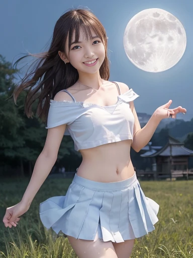 Japanese female, (underweight), (flat chest best quality:1.5), (cheerful grin:1.5),
grassland, happy, (Throw kiss:1.2), semi long, (blue drop shoulder tee), (white skirt), with a full moon, ((dreamy atmosphere)), cowboy shot, ground-level shot, ((moonlight))