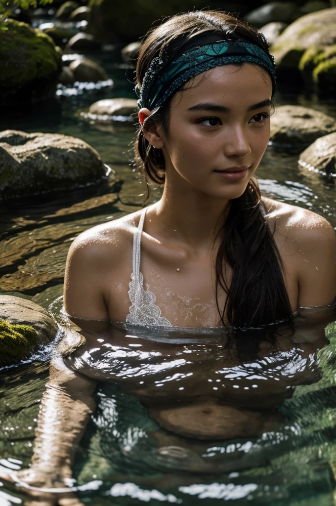 Best Quality, masterpiece, super high resolution, A super model submerged in hot springs in Japan., outdoor hot springs, stone hot springs, surrounded by moss and trees, super beautiful face, pure body, clear pores visible, (smile:0.8), using division (lace headband:1.2), (Realism:1.5), Photo original, soaked body, covered in sweat, bare shoulders, In the dark, deep shadows, low-key, cold light