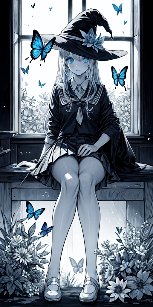 schoolgirl,witch,witchの帽子,Blue colored eyes、butterfly、flower,Short skirt,magic,Particle FX,The light from the window behind is backlit.,sat on the ground、Colored Glass、Complementary Color,Complex background,Best Quality,8k,Masterpiece: Faces are the focus