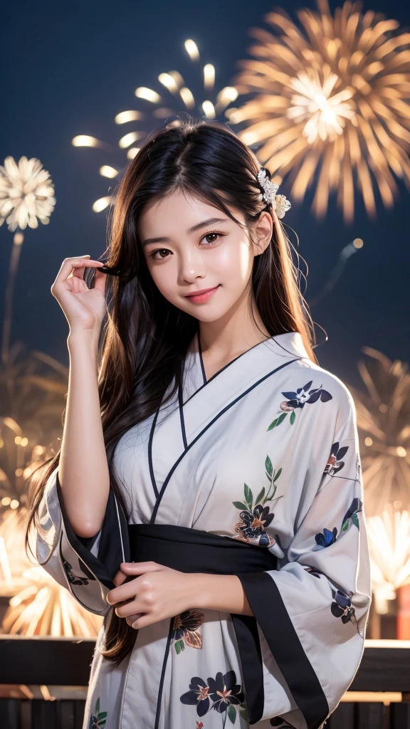 One girl, solo, High resolution, Gaze, smile, Black Hair, yukata,firework,Tying up hair, High-resolution model, high quality,
