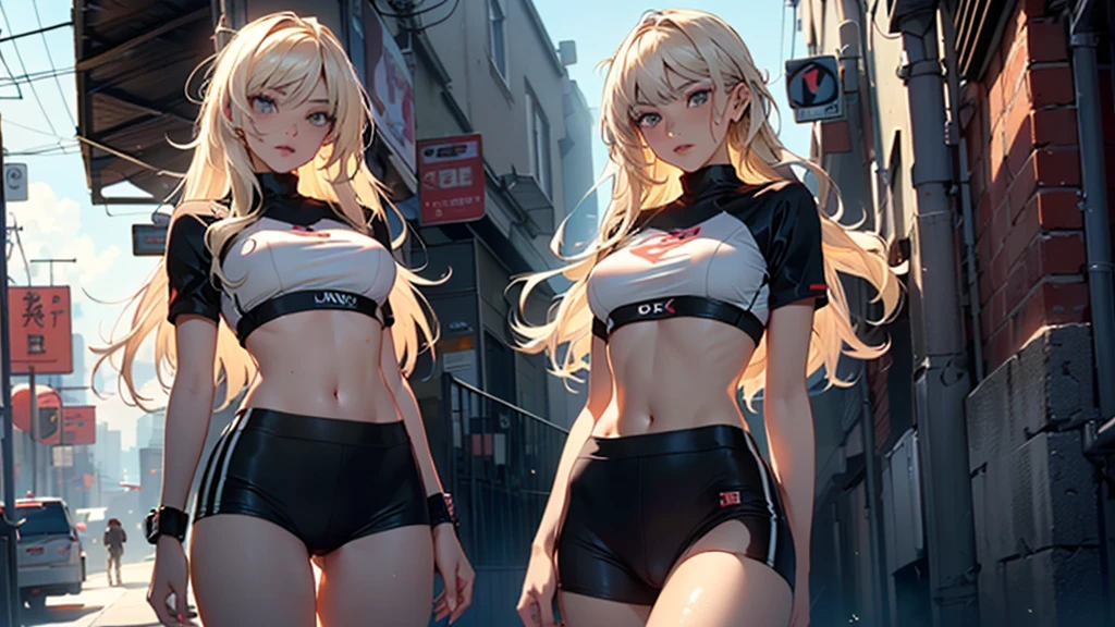sports girls,((((1 girl, 1 girl)))), adorable and beautiful blonde hair walking seductively down the street)), 1 sporty Zwillinge girls,(2 girls:1.3), adorable and beautiful blonde hair walking seductively down the street)), (big boobs:1.4),sagging breasts,(((very light blonde hair:1.35,slick hair,Long hair:1.4,colored inner hair,Ohratmung))),((Heterochromie,Eye1 blue,eye2 green,perfect eyes,eyes directed upwards:1.3,Lovely, detailled eyes,finely detailed beautiful eyes:1,big highlight on the eyes:1.2)),((fat)),(((shiny skin:1.5,light skin: 1.5,Skin tanned,shiny skin,very shiny skin,shiny body,Plastic glitter skin,exaggerated shiny skin))),(Spider abdomen,Slender waist,wide hips,athletic body,pumped up legs,delicate, detailed fingers,detailed body,detailed arms,human hands,(detailed face)), adorable,slutty,seductive,erotic,(((Not suitable for work))), zettai ryouiki,provocative clothing,Show skin,((((underboob)))),((Sport tiny good magenta,Sport-Tanga,visible thong straps)),(wear a sports outfit:1.3,Sportswear,Half-naked,with little clothing,),(detailreiches Outfit,detailed clothing), (dynamic pose:1.0),ashamed,centered,Adjust to dimensions,Rule of thirds, outside,((Night vision)),(Cyberpunk-Nachtstraße-backdrop: 1.5,Dark sky,alleywayway, alleyway,thick clouds,detaillierter backdrop:1.25), (best quality),(High resolution),(keen focus),(extremely detail),(extremely detail),(Extremely high-quality works of art),8k_backdrop,(extremely detail CG 8k),(very nice 8K CG),((hyper super extremely detail perfect piece)),flawless,(((masterpiece))),Illustration,bright colours,(complicated),high contrast,Selective lighting,Double jeopardy,HDR (High Dynamic Range),Post processing,Hin
