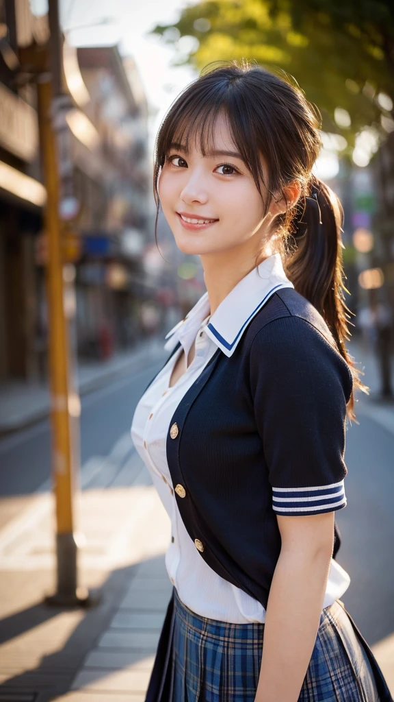 (highest quality,masterpiece:1.3,ultra high resolution),(Super detailed,caustics,8k),(photorealistic:1.4,RAW shooting),1 girl,(smile and look down at the camera),(front shot:1.1),(face forward),18-year-old,cute,Japanese,black short ponytail,school uniform,glamorous,(big boobs),( close up),(breast focus),street,sunshine,Natural light,(Backlight),(A bright light shines from behind),(Lens flare),professional writing,(cowboy shot),(low position:1.3),(Low - Angle:1.3)
