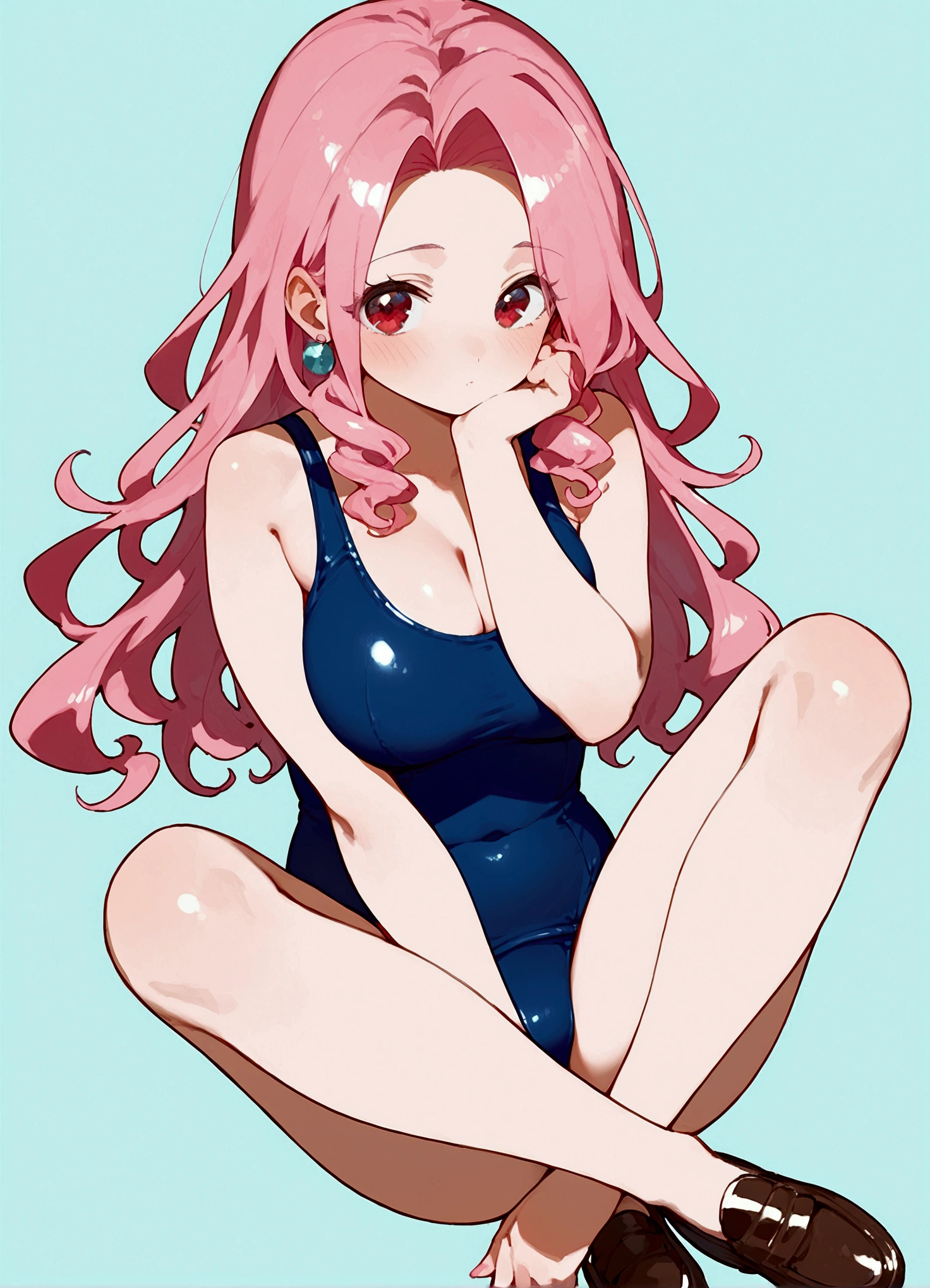 score_9, score_8_up, score_7_up, source_anime, anime illustration, anime style, sitting, 1lady, solo, (y lady1.3), large breink hair, red eyes, Various lengths of hair style, parted bangs, school swimsuit, shoes, (blush:1.2), (cute simple background:1.2)
