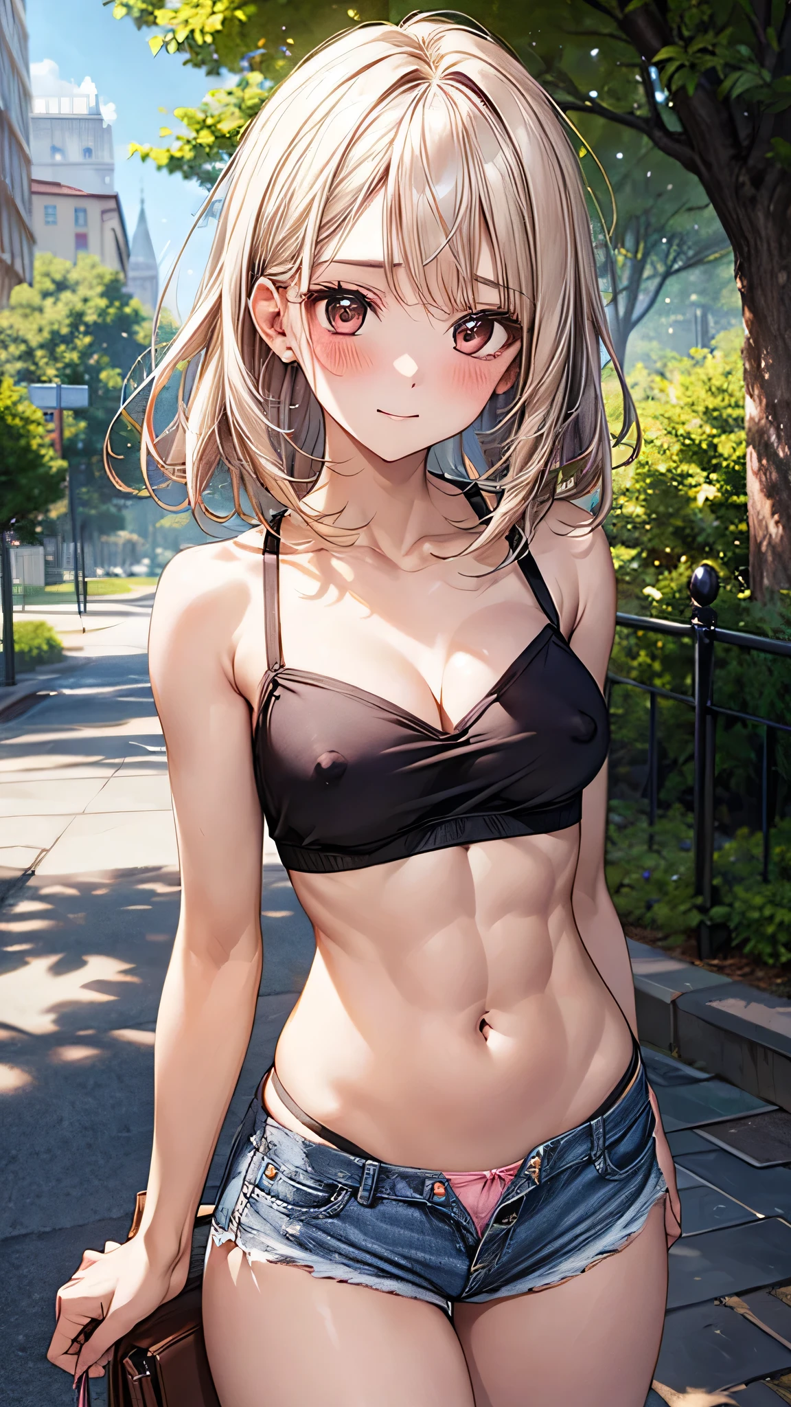 ((Highest quality, High resolution, masterpiece, detailed)),
Cowboy Shot, Written boundary depth, View your audience, Anatomically correct, 1people, woman, Perfect Face, Cute and symmetrical face, Shiny skin,
(Medium Hair, Platinum Blonde Hair), Chestnut brown eyes, (Large Breasts:0.8),
The finest details, Beautiful Hair, Beautiful Face, Beautiful clavicle, Cleavage, See-through nipples, Beautiful body, Beautiful breasts, Beautiful belly button, Abdominal muscles, Beautiful thighs, Beautiful feet,
(Tube top, Denim shorts, String panties), Put your hands behind your back,
(Beautiful views), summer, Tree-lined street, (blush),