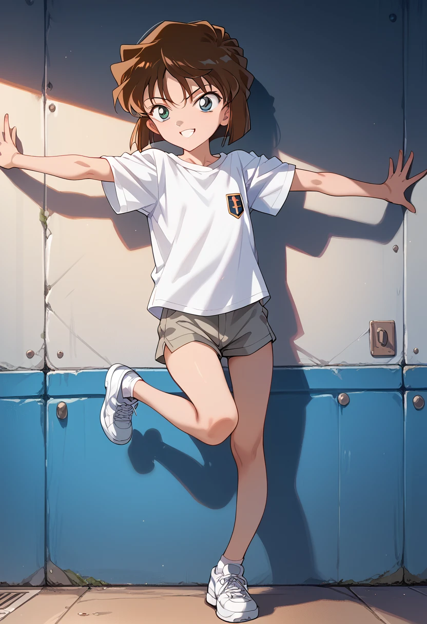 masterpiece,High resolution,Highest quality,8k(Detective Conan,ai haibara) (***************,,Flat Chest,Short,Brown Hair,short hair) (A loose plain white shirt,Grey short hot pants)Standing posture,Spread your arms,The best smile,Bend one leg,looking at the camera,living