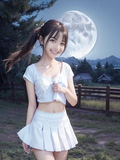 Japanese female, (underweight), (flat chest best quality:1.5), (cheerful grin:1.5),
grassland, happy, (Throw kiss:1.2), semi long, (blue drop shoulder tee), (white skirt), with a full moon, ((dreamy atmosphere)), cowboy shot, ground-level shot, ((moonlight))
