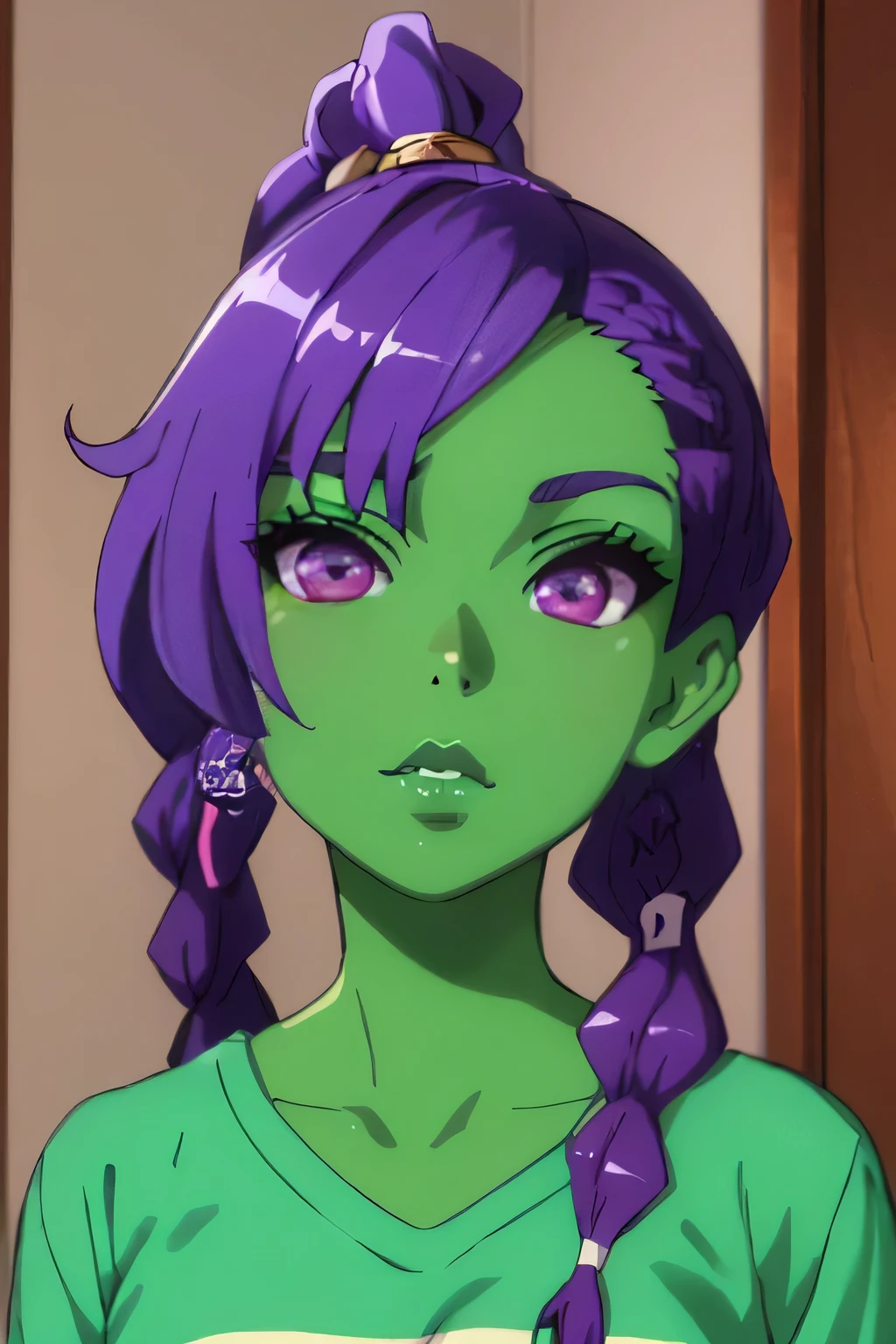 photo of beautiful Orc, RAW, beautiful woman, (portrait), (detailed anime face, purple anime eyes:1.2), (detailed green anime skin, dark green makeup, anime lips, smooth green skin: 1.22), (Long dark purple braided ponytail: 1.4), (perfect proportioned body, Strong, muscular, narrow waist, narrow hips, skinny, medium breasts), (she wears a cropped t-shirt, pajama pants), (detailed high school background, Japanese school), (realistic photo, best quality, detailed), (8k wallpaper), (cinematic lighting, beautiful light, (day:1.3)) (sharp focus, intricate)