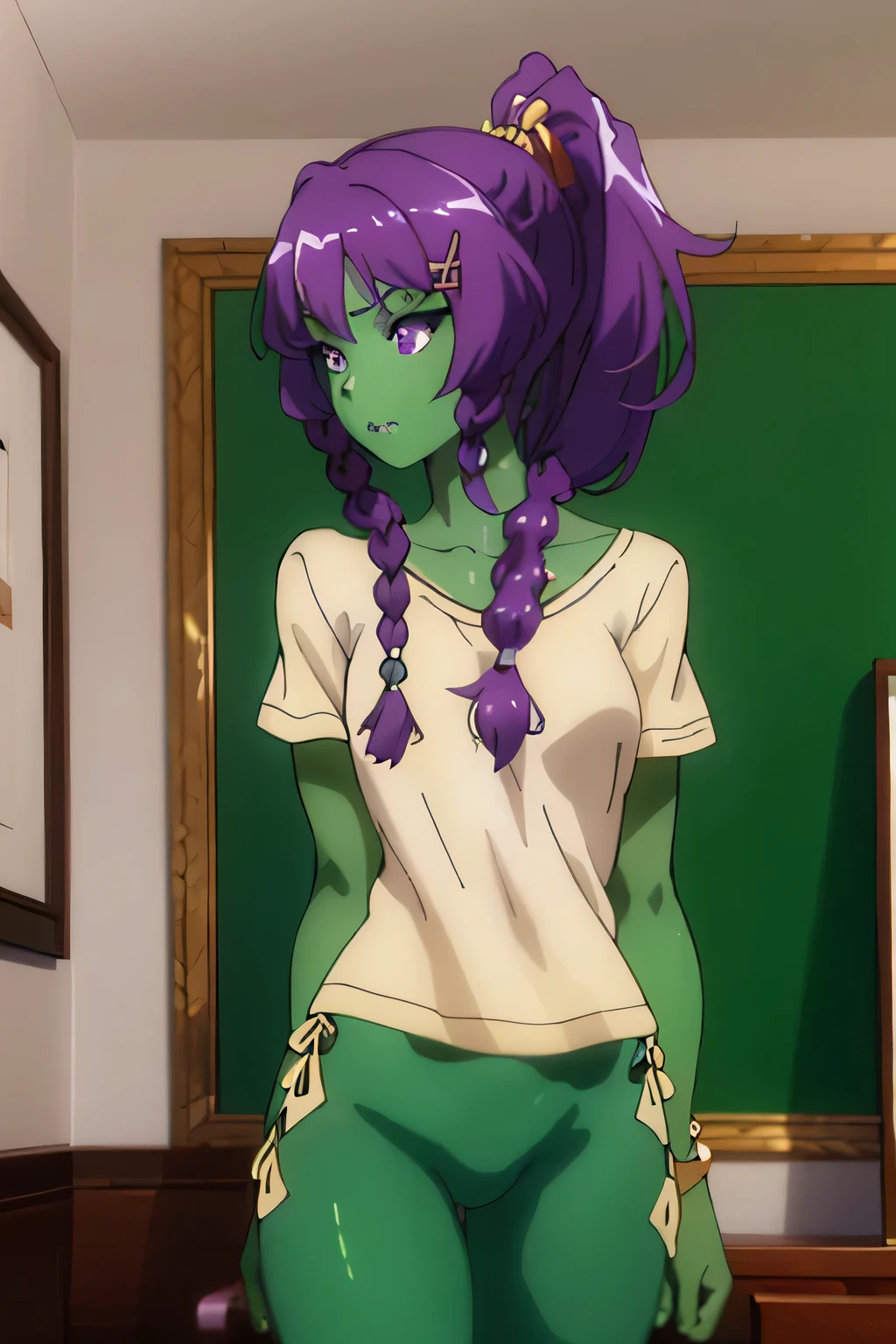 photo of beautiful Orc, RAW, beautiful woman, (portrait), (detailed anime face, purple anime eyes:1.2), (detailed green anime skin, dark green makeup, anime lips, smooth green skin: 1.22), (Long dark purple braided ponytail: 1.4), (perfect proportioned body, Strong, muscular, narrow waist, narrow hips, skinny, medium breasts), (she wears a cropped t-shirt, pajama pants), (detailed high school background, Japanese school), (realistic photo, best quality, detailed), (8k wallpaper), (cinematic lighting, beautiful light, (day:1.3)) (sharp focus, intricate)