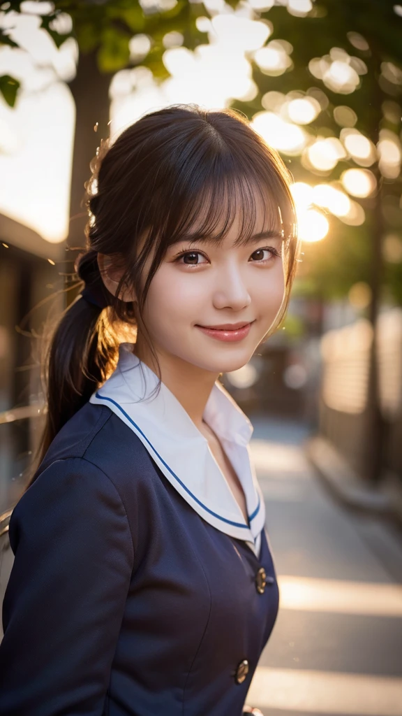 (Highest quality,masterpiece:1.3,Ultra-high resolution),(Very detailed,Caustics,8k),(Realistic:1.4,RAW shooting),1 girl,(Smiling and looking down at the camera),(Front shot:1.1),(Look forward),18-year-old,cute,Japanese,Black short ponytail,school uniform,glamorous,(Big Breasts),( close),(breast focus),street,sunlight,Natural light,(Backlight),(A bright light shines from behind),(Lens flare),Professional Writing,(Cowboy Shot),(Low position:1.3),(Low Angle:1.3)