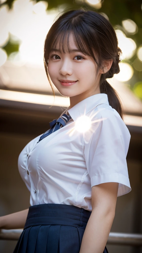 (Highest quality,masterpiece:1.3,Ultra-high resolution),(Very detailed,Caustics,8k),(Realistic:1.4,RAW shooting),1 girl,(Smiling and looking down at the camera),(Front shot:1.1),(Look forward),18-year-old,cute,Japanese,Black short ponytail,school uniform,glamorous,(Big Breasts),( close),(breast focus),street,sunlight,Natural light,(Backlight),(A bright light shines from behind),(Lens flare),Professional Writing,(Cowboy Shot),(Low position:1.3),(Low Angle:1.3)