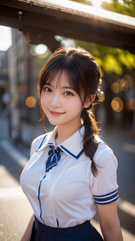 (Highest quality,masterpiece:1.3,Ultra-high resolution),(Very detailed,Caustics,8k),(Realistic:1.4,RAW shooting),1 girl,(Smiling and looking down at the camera),(Front shot:1.1),(Look forward),18-year-old,cute,Japanese,Black short ponytail,school uniform,glamorous,(Big Breasts),( close),(breast focus),street,sunlight,Natural light,(Backlight),(A bright light shines from behind),(Lens flare),Professional Writing,(Cowboy Shot),(Low position:1.3),(Low Angle:1.3)