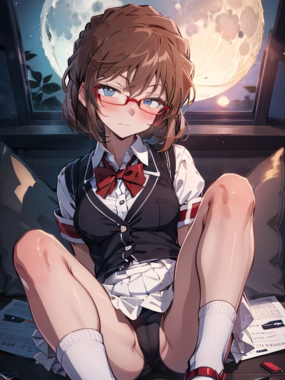 Moon, Red bow tie, Glasses, blush, Confession(Moonlit Confession:1.5), cute, Beauty, Shortcuts, Haibara Ai, Brown Hair, (masterpiece), highest quality, 1girl, uhd, retina, masterpiece, ccurate, anatomically correct, textured skin, super detail, high details, high quality, best quality, highres, 4K