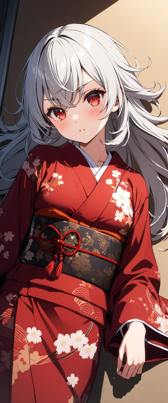 Highest quality,masterpiece,unity 8k wallpaper,Very detailed,Detailed light, Best Shadow,Very detailedな肌,Beautiful attention to detail,Very detailedな顔,Detailed reflective eyes,Shiny Hair,Shining Eyes,(One girl:1.2),Gloss,clothes,kimono,(Red kimono:1.4),Red eyes,Silver Hair,can,(White eyelashes:1.2),White eyebrows,