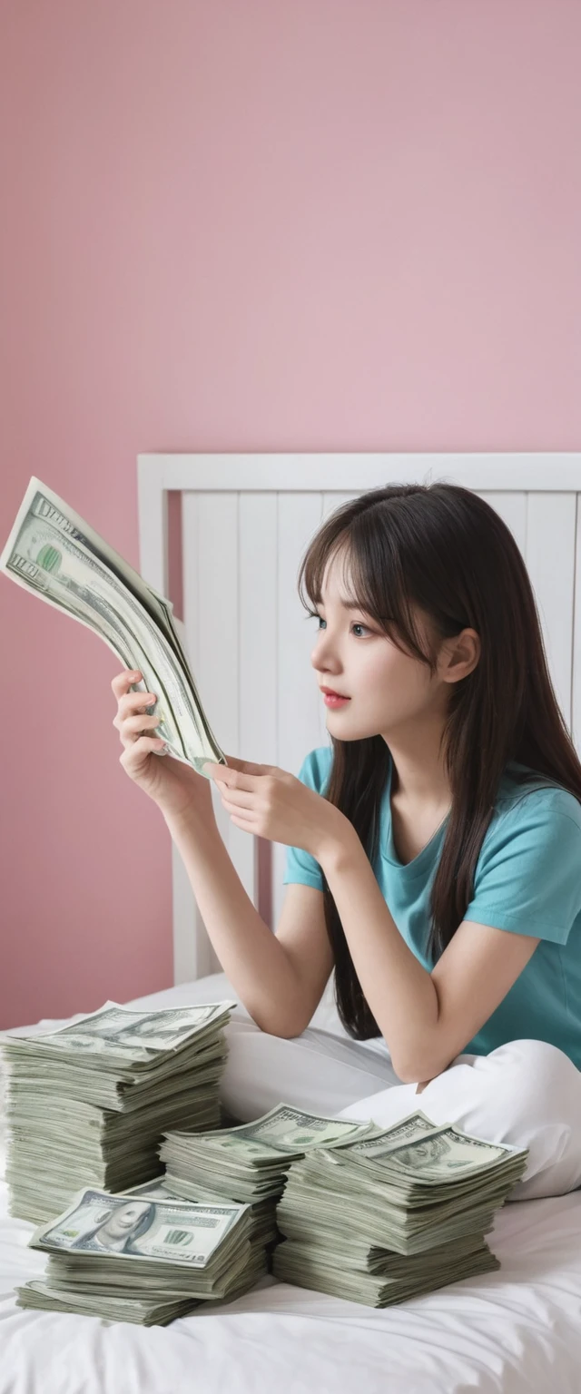 high quality, detailed, a girl is counting the stack of bills in the girl's hand,the girl is sitting with the girl's wide on a bed,