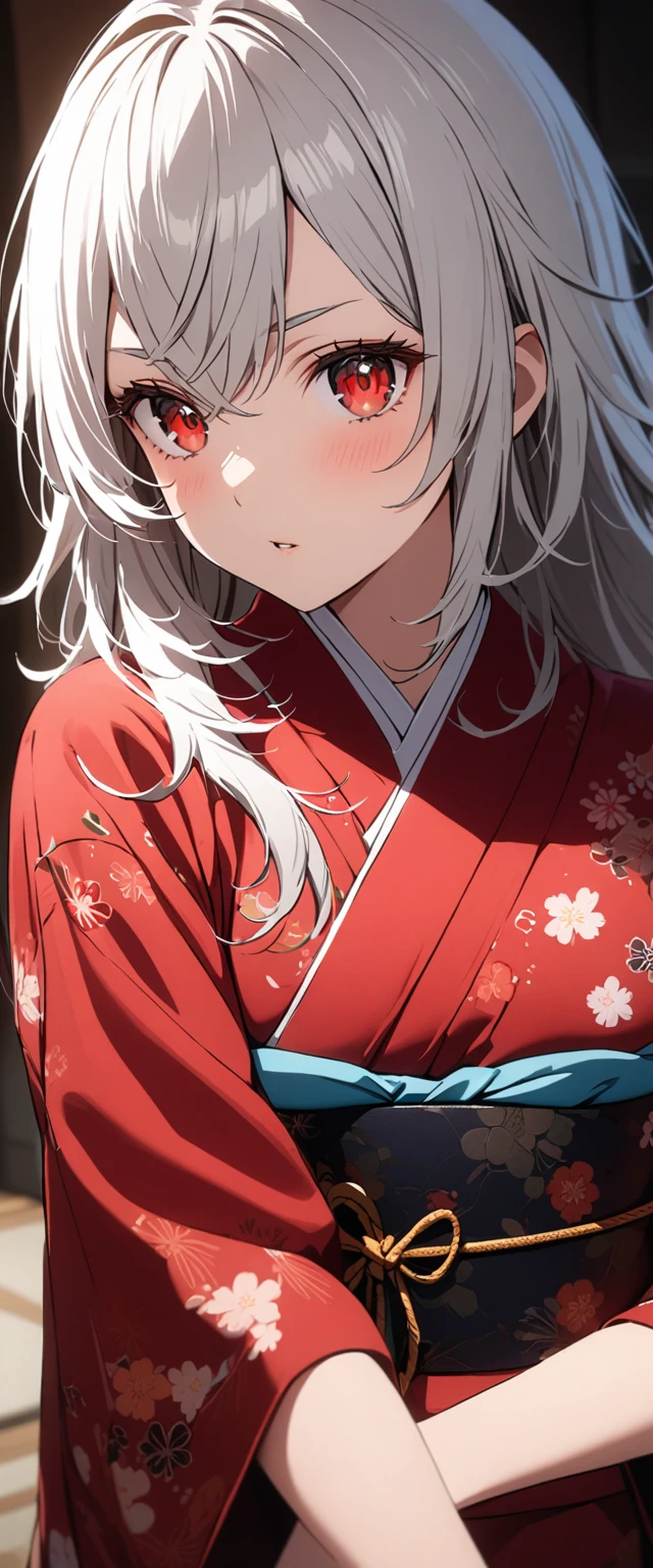 Highest quality,masterpiece,unity 8k wallpaper,Very detailed,Detailed light, Best Shadow,Very detailedな肌,Beautiful attention to detail,Very detailedな顔,Detailed reflective eyes,Shiny Hair,Shining Eyes,(One girl:1.2),Gloss,clothes,kimono,(Red kimono:1.4),Red eyes,Silver Hair,can,(White eyelashes:1.2),White eyebrows,