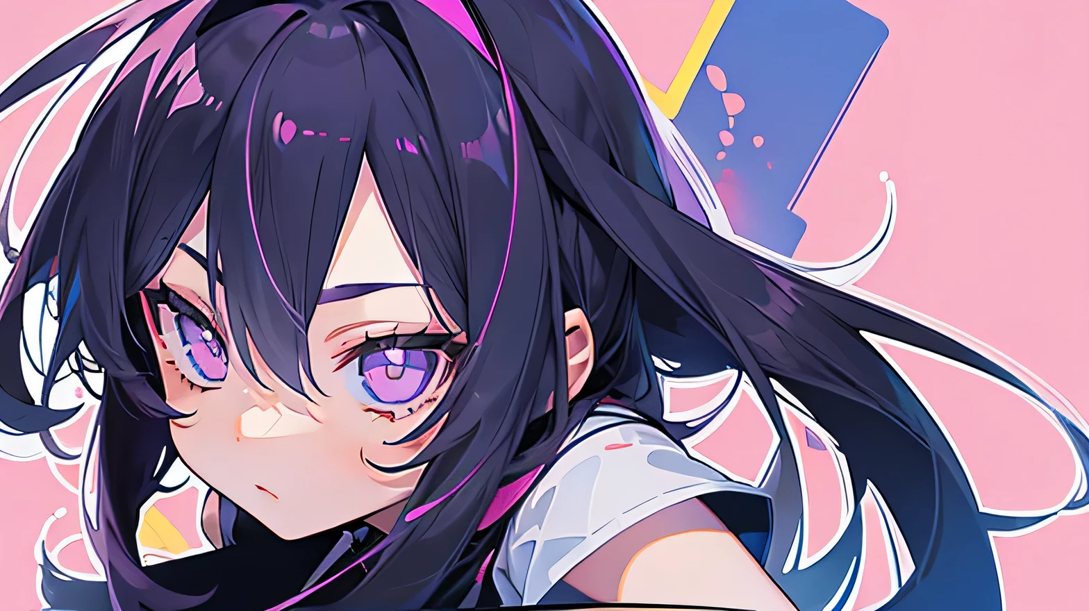 masterpiece, best quality,
solo, 1girl,
Active,
(violet long hair) and (violet eyes),
(t-shirt) and (shorts),
(((bold outline))), Vector art, paint in a solid color