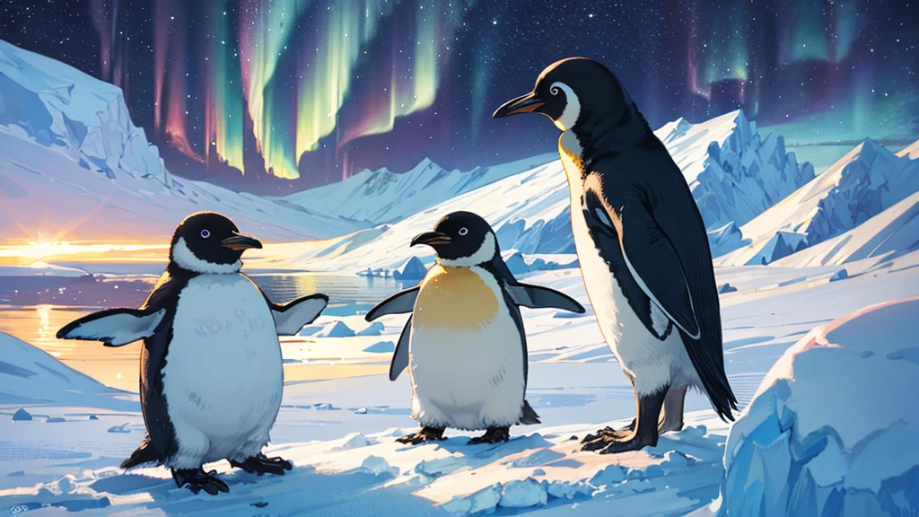 Antarctica、penguin、night、Aurora