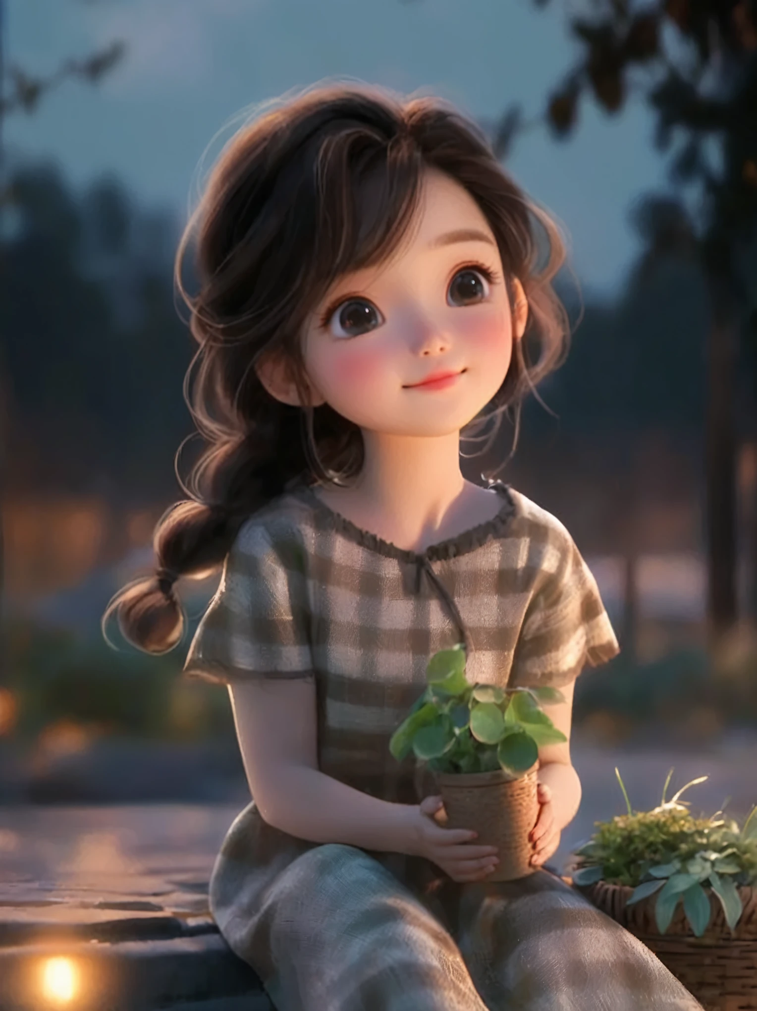 A long-haired girl sitting on a bench,Holding a cup in hand, charming细致的数字艺术, charming的数字艺术, charming卡通 character, charming的肖像, charming卡通, charming的角色, Soft portrait shots 8 k, charming的数字, charming的 3d 渲染, charming, charming的动漫女孩, charming美丽, Beautiful soft lighting, charming, charming的卡哇伊女孩