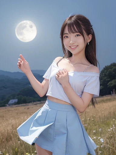 Japanese female, (underweight), (flat chest best quality:1.5), (cheerful grin:1.5),
grassland, happy, (Throw kiss:1.2), semi long, (blue drop shoulder tee), (white skirt), with a full moon, ((dreamy atmosphere)), cowboy shot, ground-level shot, ((moonlight))