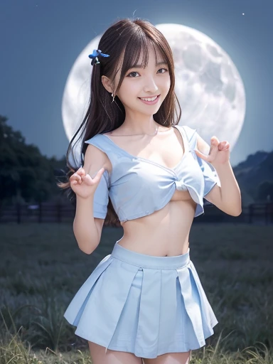 Japanese female, (underweight), (flat chest best quality:1.5), (cheerful grin:1.5),
grassland, happy, (Throw kiss:1.2), semi long, (blue drop shoulder tee), (white skirt), with a full moon, ((dreamy atmosphere)), cowboy shot, ground-level shot, ((moonlight))