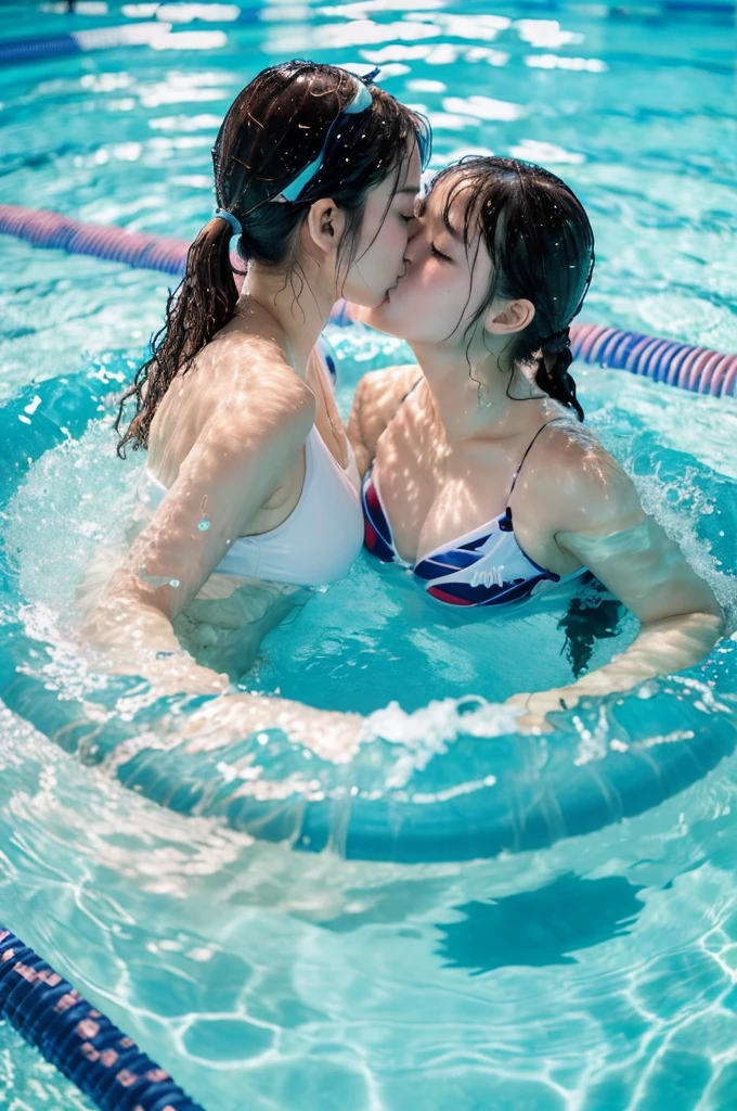 8k,masterpiece,Japanese,best quality, (two girls get into a swim ring:1.6), kiss, cramped inside a swim ring