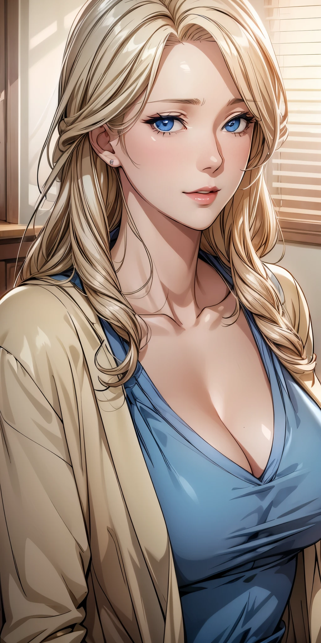 Elegant woman, blue eyes, blonde hair, soft light, 4k resolution, high quality, beautiful cg